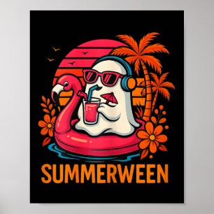 Summerween Funny Ghost Halloween Summer Flamingo B Poster