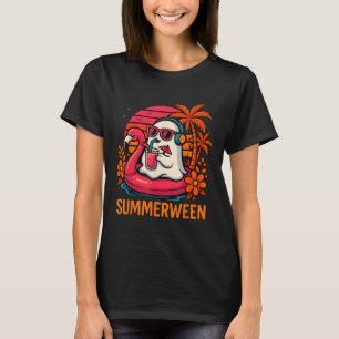 Summerween Funny Ghost Halloween Summer Flamingo B T-Shirt