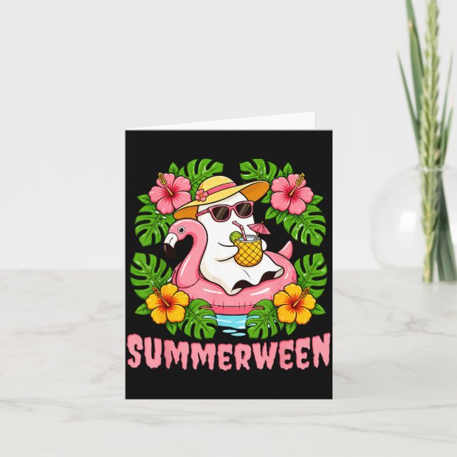 Summerween Funny Ghost Halloween Summer Floral Card (Front)