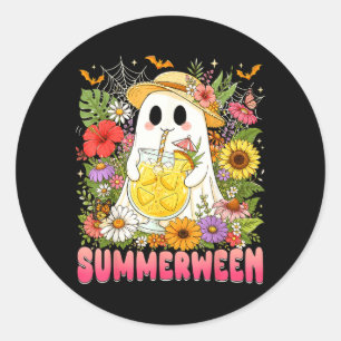Summerween Funny Ghost Halloween Summer Floral Classic Round Sticker