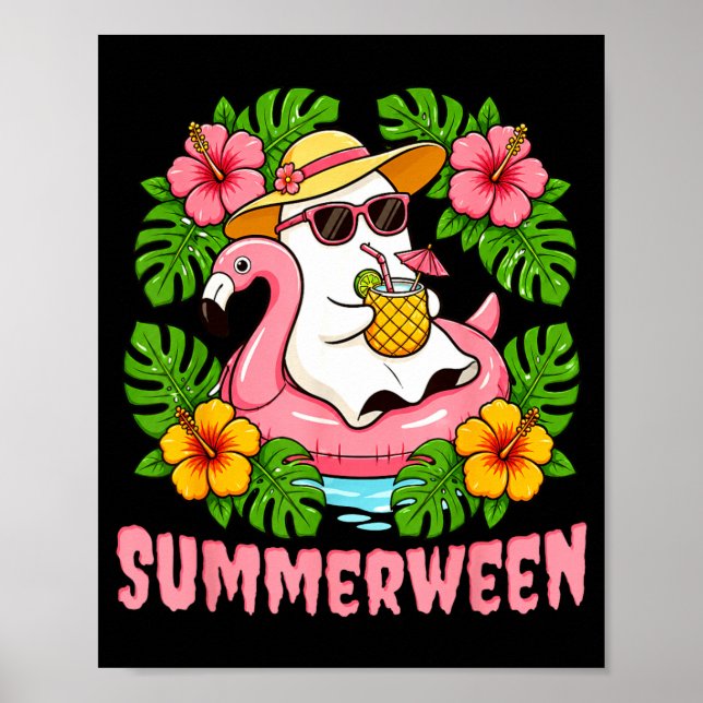 Summerween Funny Ghost Halloween Summer Floral Poster (Front)