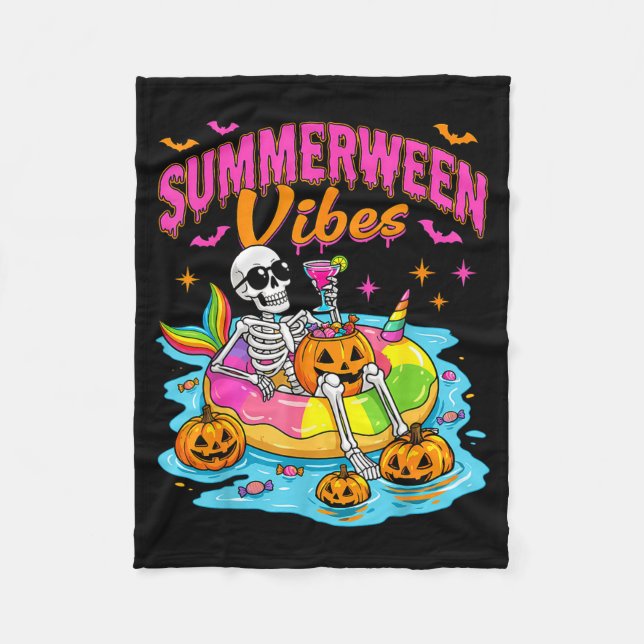 Summerween Funny Skeletons Halloween Floating Pool Fleece Blanket (Front)