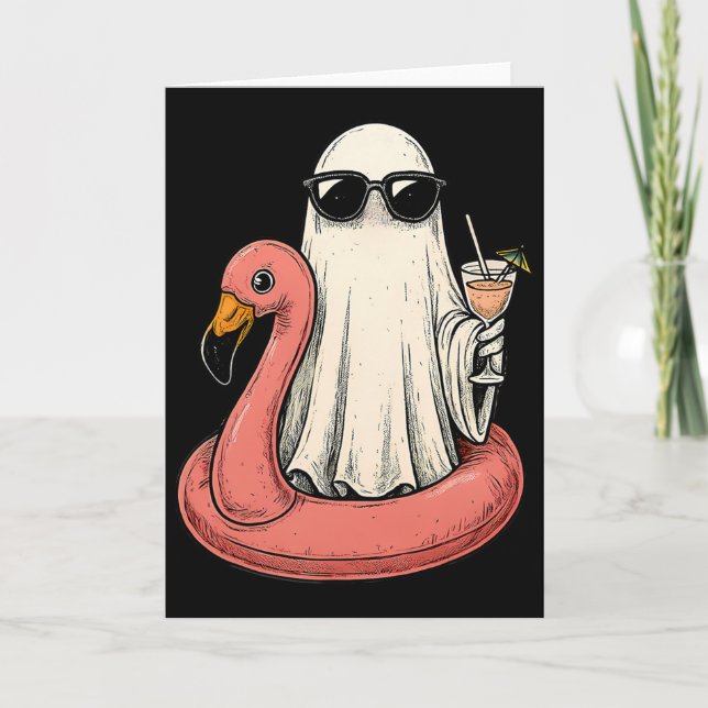 Summerween Ghost With Flamingo Floatie Womens Hall Card (Front)