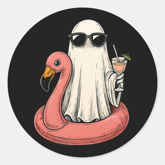 Summerween Ghost With Flamingo Floatie Womens Hall Classic Round Sticker (Front)