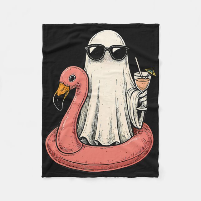 Summerween Ghost With Flamingo Floatie Womens Hall Fleece Blanket (Front)