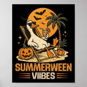 Summerween Goose Spooky Halloween Pumpkin Beach Su Poster