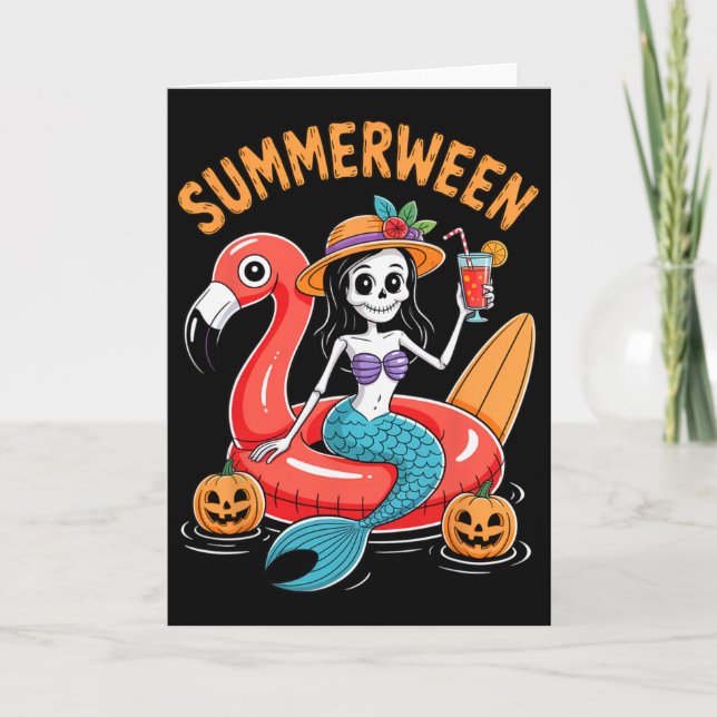 Summerween Mermaid Skeleton Beach Flamingo Hallowe Card (Front)