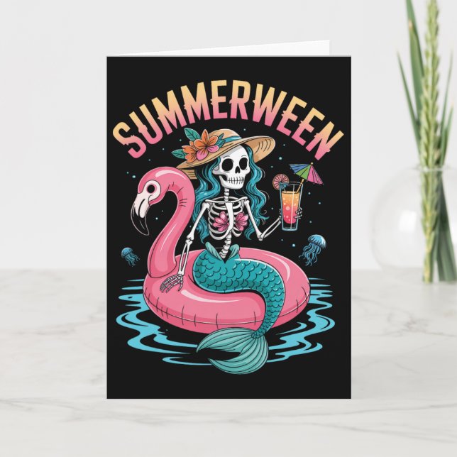 Summerween Mermaid Skeleton Beach Flamingo Hallowe Card (Front)
