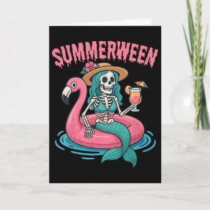 Summerween Mermaid Skeleton Beach Flamingo Hallowe Card