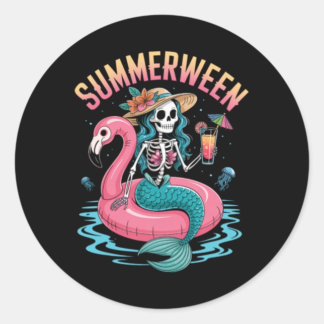 Summerween Mermaid Skeleton Beach Flamingo Hallowe Classic Round Sticker (Front)