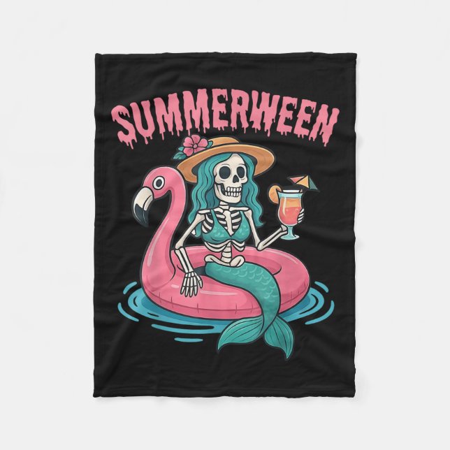 Summerween Mermaid Skeleton Beach Flamingo Hallowe Fleece Blanket (Front)