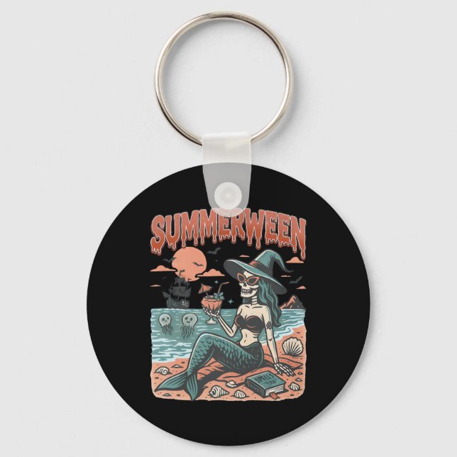 Summerween Mermaid Skeleton Beach Flamingo Hallowe Key Ring (Front)
