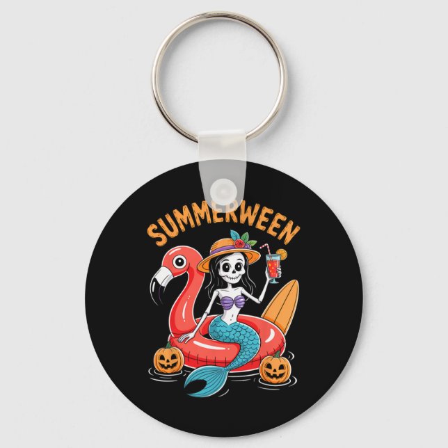 Summerween Mermaid Skeleton Beach Flamingo Hallowe Key Ring (Front)