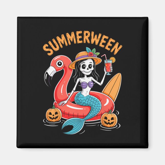 Summerween Mermaid Skeleton Beach Flamingo Hallowe Magnet (Front)