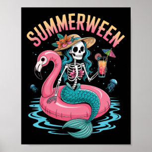 Summerween Mermaid Skeleton Beach Flamingo Hallowe Poster