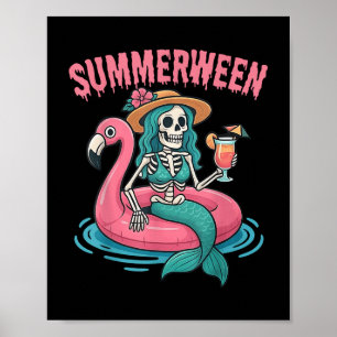 Summerween Mermaid Skeleton Beach Flamingo Hallowe Poster