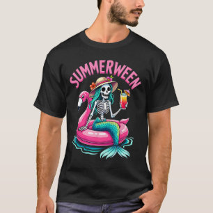 Summerween Mermaid Skeleton Beach Flamingo Hallowe T-Shirt