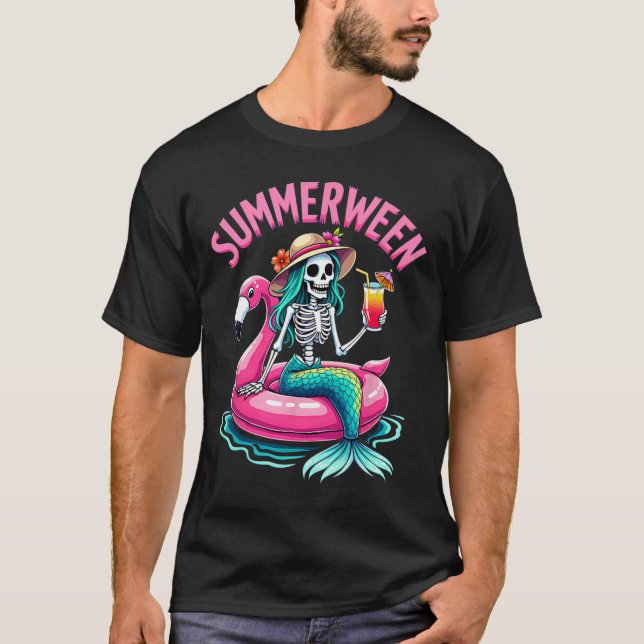Summerween Mermaid Skeleton Beach Flamingo Hallowe T-Shirt (Front)