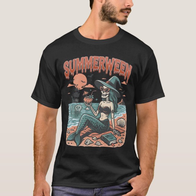 Summerween Mermaid Skeleton Beach Flamingo Hallowe T-Shirt (Front)