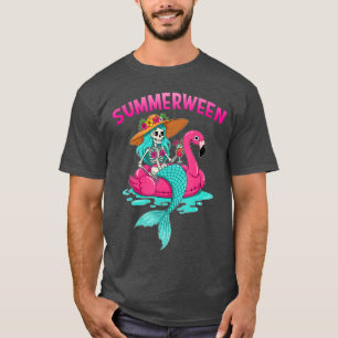 Summerween Mermaid Skeleton Flamingo Beach Hallowe T-Shirt