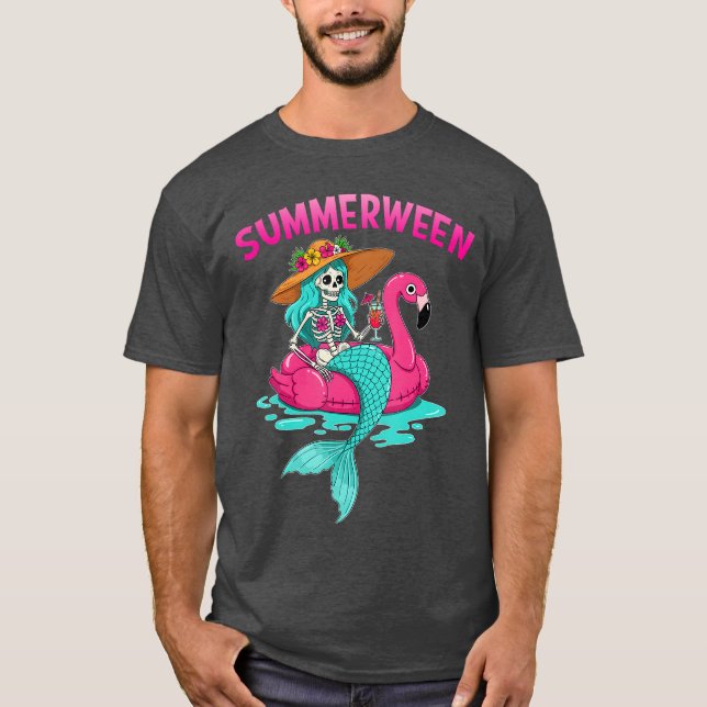 Summerween Mermaid Skeleton Flamingo Beach Hallowe T-Shirt (Front)