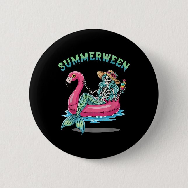 Summerween Mermaid Skeleton Flamingo Float Hallowe 6 Cm Round Badge (Front)