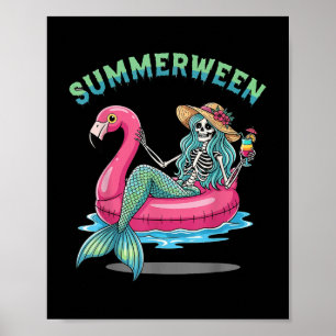 Summerween Mermaid Skeleton Flamingo Float Hallowe Poster