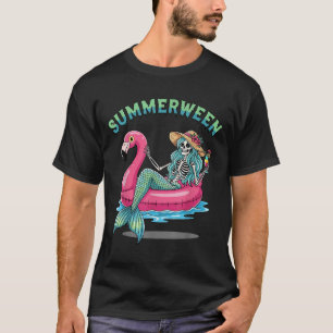Summerween Mermaid Skeleton Flamingo Float Hallowe T-Shirt