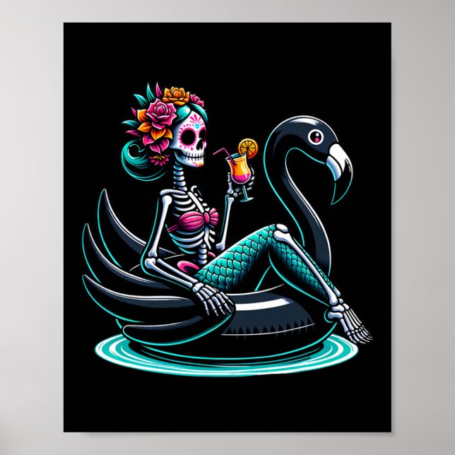 Summerween Mermaid Skeleton Flamingo Float Summer  Poster (Front)