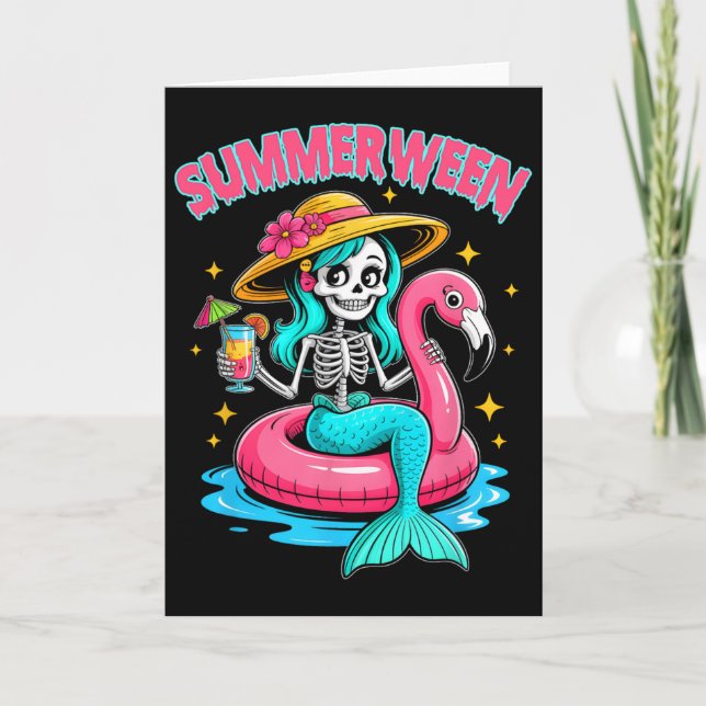 Summerween Mermaid Skeleton Halloween Flamingo Sum Card (Front)
