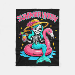 Summerween Mermaid Skeleton Halloween Flamingo Sum Fleece Blanket