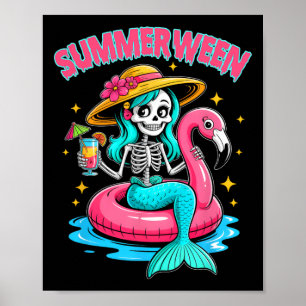Summerween Mermaid Skeleton Halloween Flamingo Sum Poster