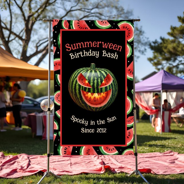 Summerween Party Watermelon Jack o Lantern Spooky Banner (Summerween themed custom birthday party banner with spooky watermelon jack-o-lantern on black)