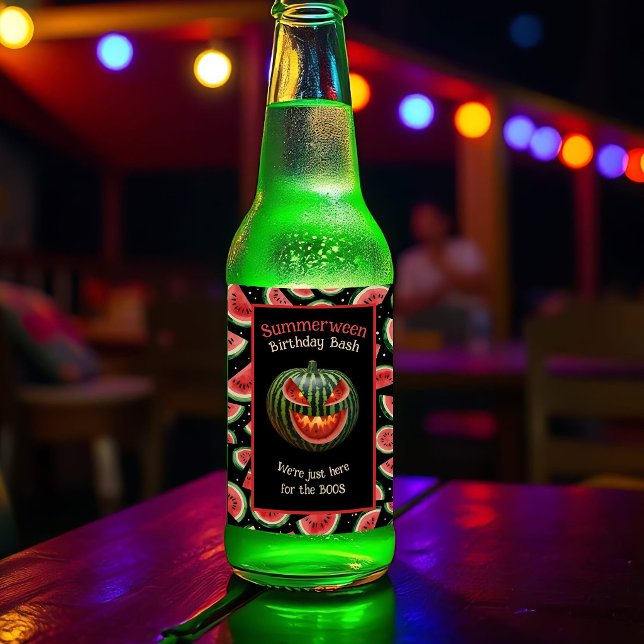 Summerween Party Watermelon Jack o Lantern Spooky Beer Bottle Label (Summerween beer label: spooky watermelon jack-o’-lantern for epic party vibes & custom Summer fun!)