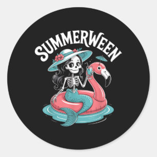 Summerween Skeleton Flamingo Halloween Vibes Classic Round Sticker