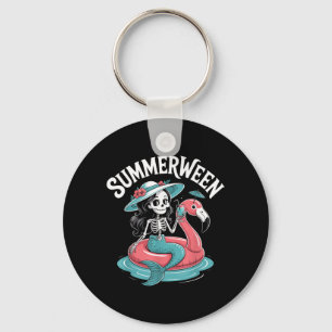 Summerween Skeleton Flamingo Halloween Vibes Key Ring