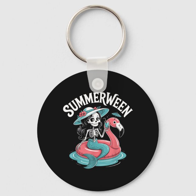 Summerween Skeleton Flamingo Halloween Vibes Key Ring (Front)