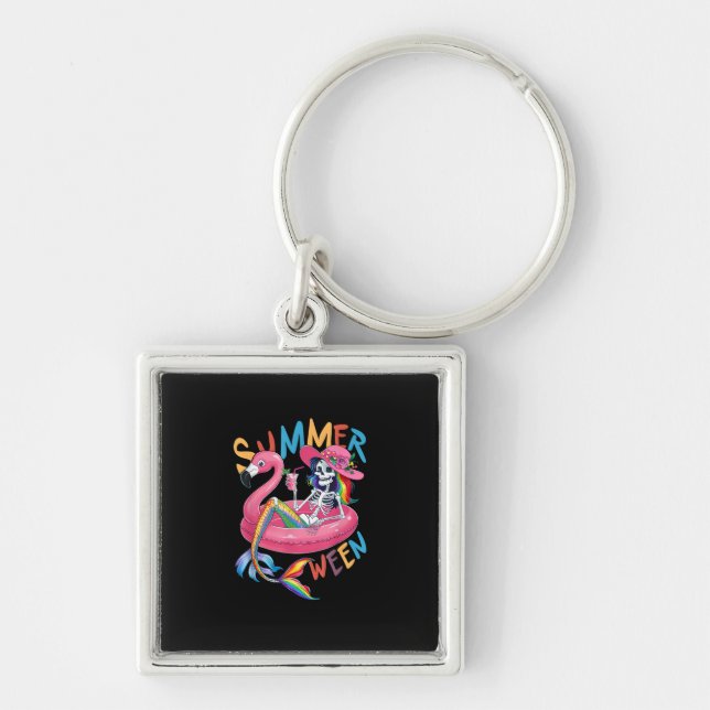 Summerween Skeleton Flamingo Summer Halloween Wome Key Ring (Front)