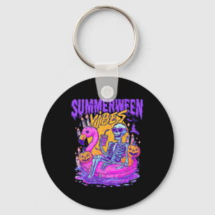 Summerween Skeleton Float Halloween Flamingo Vibes Key Ring