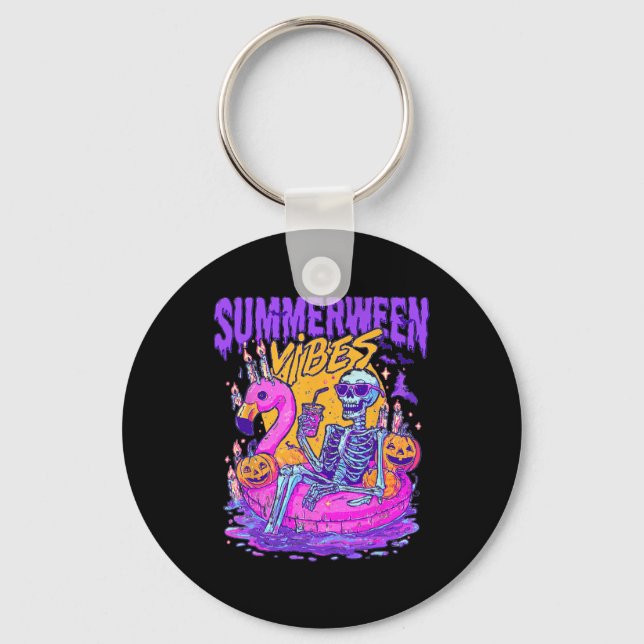 Summerween Skeleton Float Halloween Flamingo Vibes Key Ring (Front)