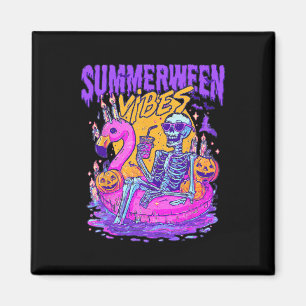 Summerween Skeleton Float Halloween Flamingo Vibes Magnet