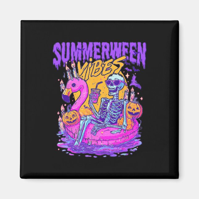 Summerween Skeleton Float Halloween Flamingo Vibes Magnet (Front)