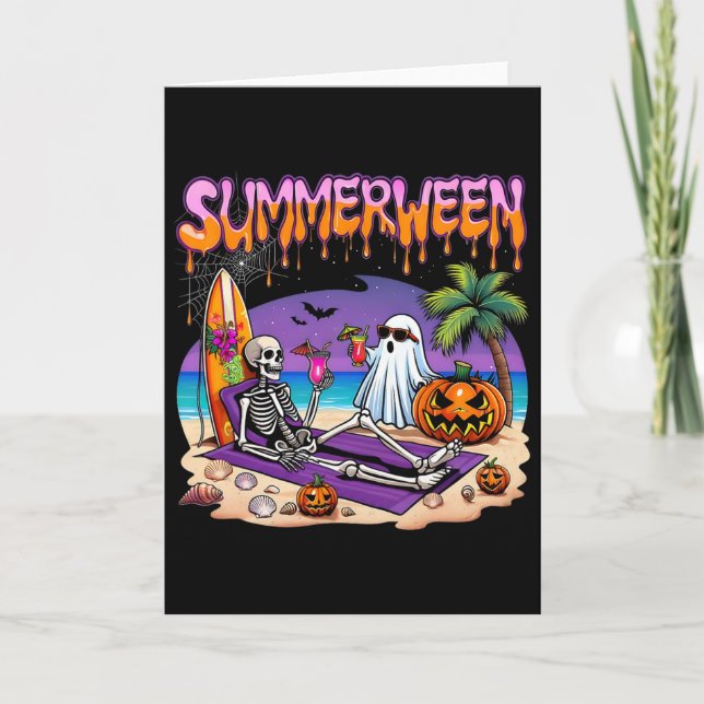 Summerween Skeleton Ghost Beach Funny Spooky Hallo Card (Front)
