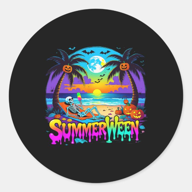 Summerween Skeleton Ghost Beach Funny Spooky Hallo Classic Round Sticker (Front)