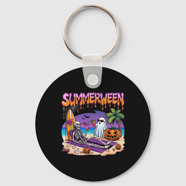 Summerween Skeleton Ghost Beach Funny Spooky Hallo Key Ring (Front)