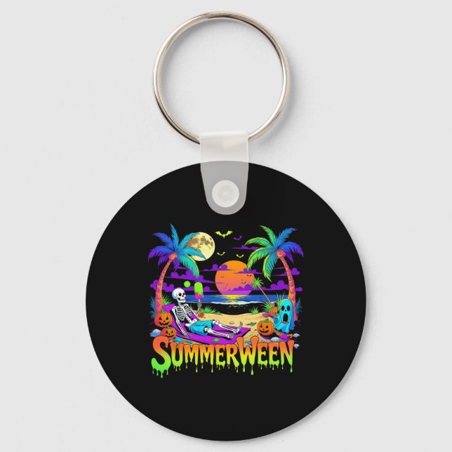 Summerween Skeleton Ghost Beach Funny Spooky Hallo Key Ring (Front)