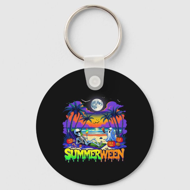 Summerween Skeleton Ghost Beach Funny Spooky Hallo Key Ring (Front)