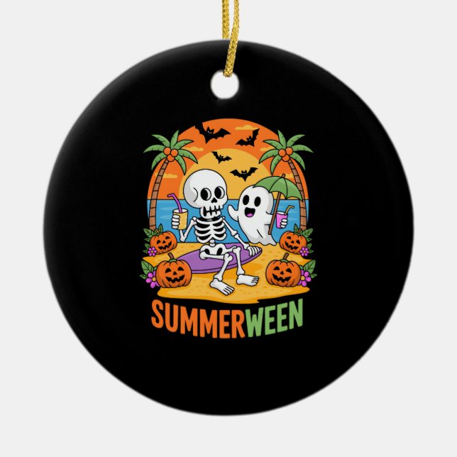 Summerween Skeleton Ghost Beach Halloween Party Fu Ceramic Ornament (Front)