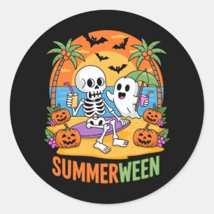 Summerween Skeleton Ghost Beach Halloween Party Fu Classic Round Sticker