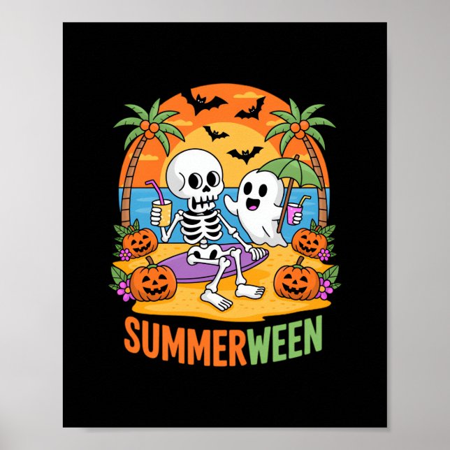 Summerween Skeleton Ghost Beach Halloween Party Fu Poster (Front)